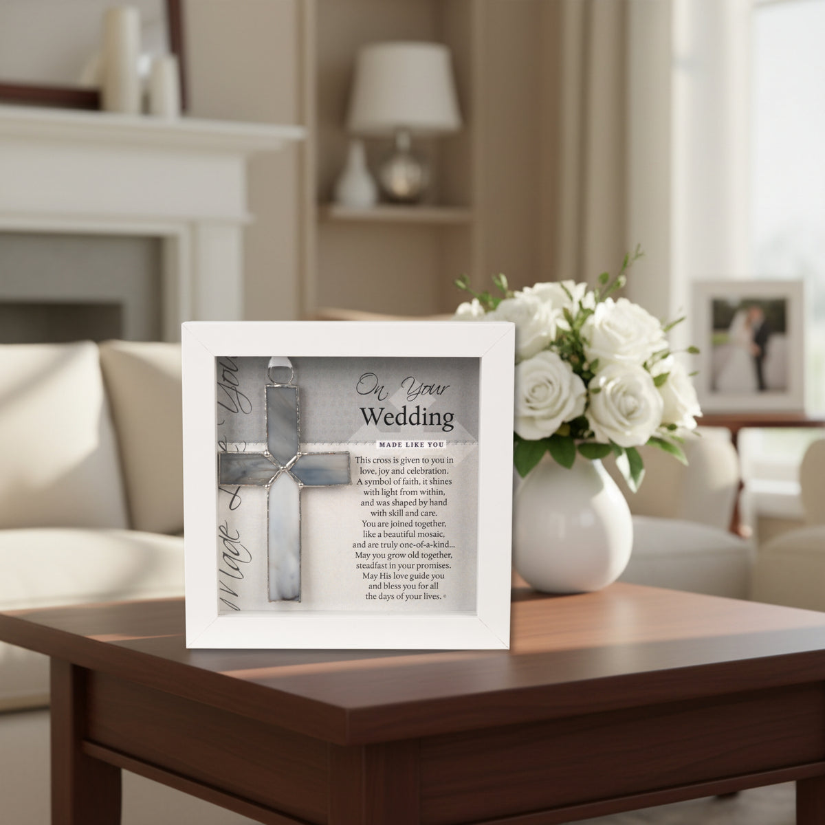 Wedding Day gift displayed on a coffee table with flowers.