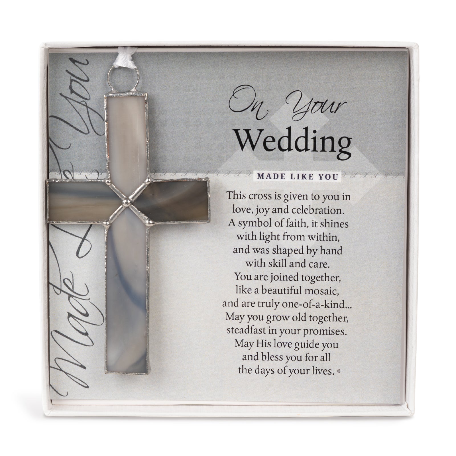 Wedding Gift: Handcrafted 4 1/4" gray stained glass cross and " On Your Wedding" sentiment card in white box with clear lid.