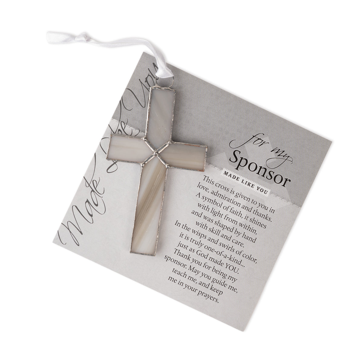Gray cross lying on the "For my Sponsor" sentiment artwork.