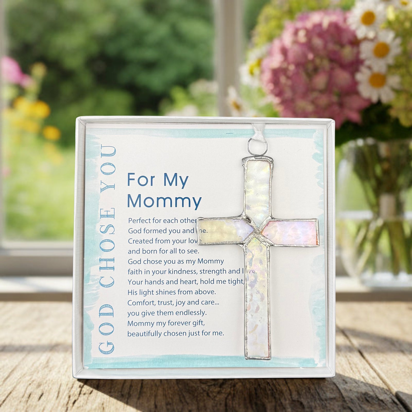 Handmade 4 1/2" stained glass cross and "For My Mommy" sentiment in white box with clear lid.