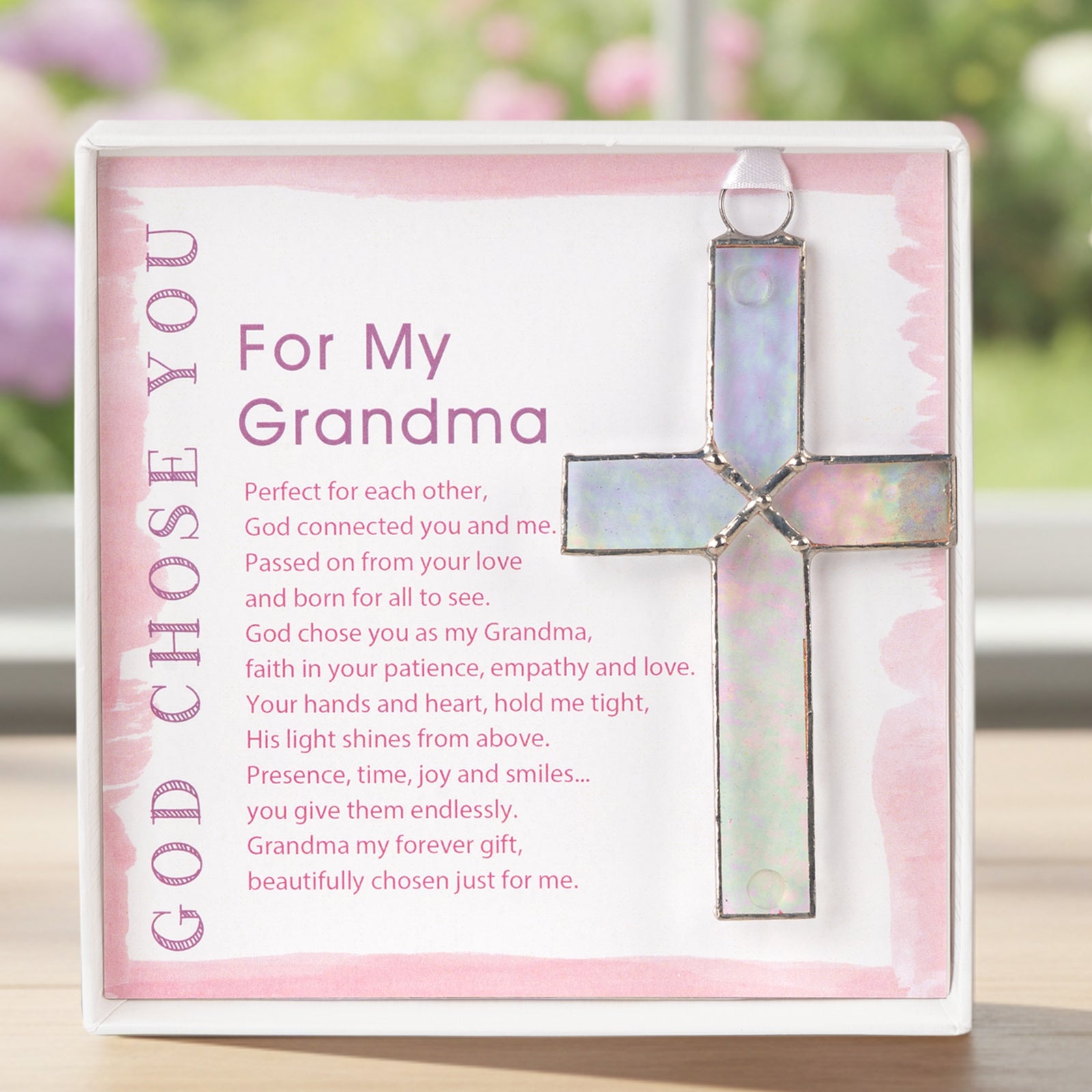 Handmade 4 1/4" clear stained glass cross and "For My Grandma" sentiment in white box with clear lid.