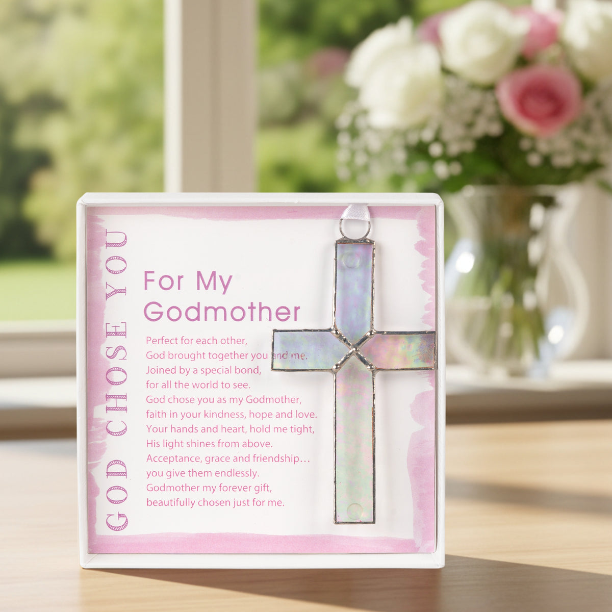 "God Chose You for My Godmother" gift on a table in front of a garden window.