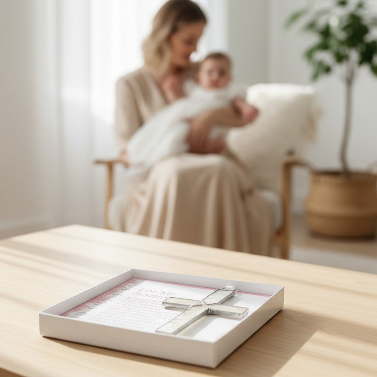 Godmother gift on a table with a godmother holding her godchild in the background.