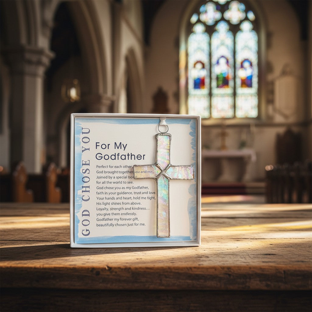 "For My Godfather" cross and sentiment in a church.