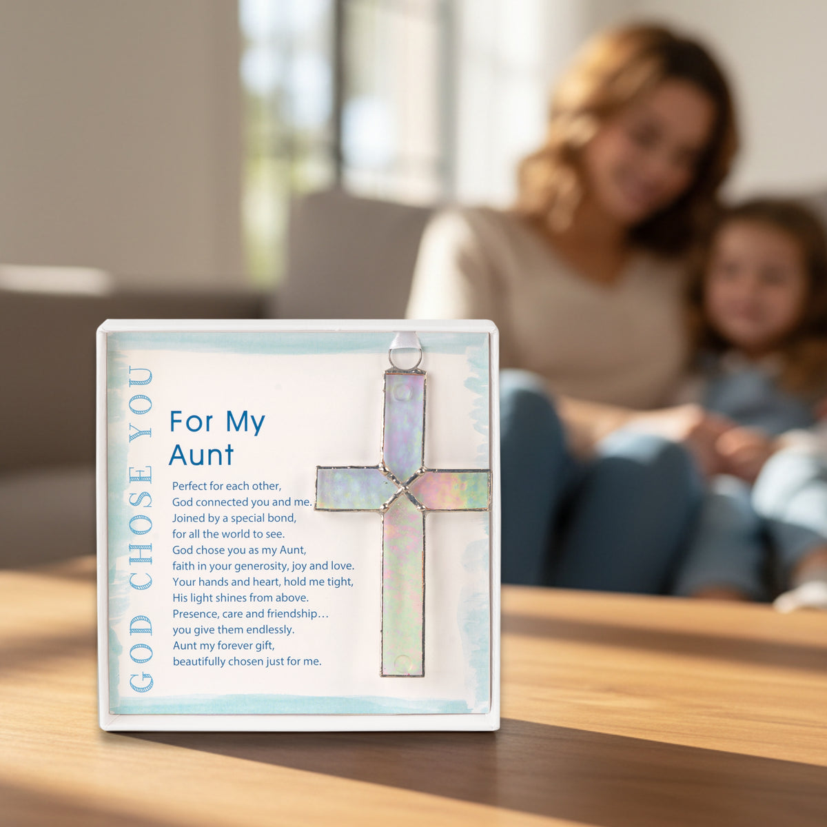 "God Chose You for My Aunt" gift with an aunt and niece in the background.