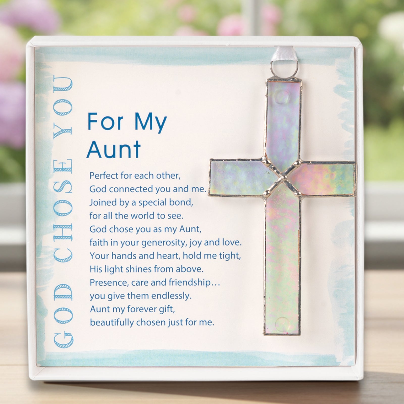 Handmade 4 1/4" clear stained glass cross and "For My Aunt" sentiment in white box with clear lid.