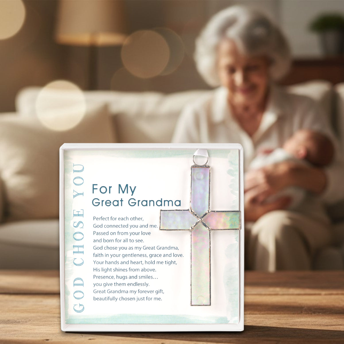 Great Grandma gift in front of a great-grandmother holding her great grandchild.