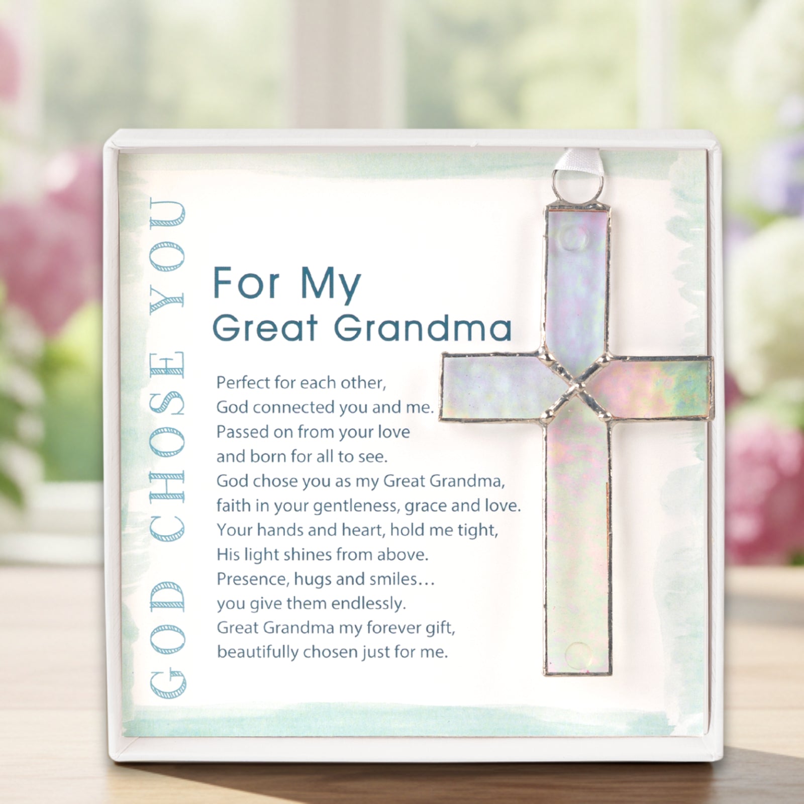 Handmade 4 1/4" clear stained glass cross and "For My Great Grandma" sentiment in white box with clear lid.