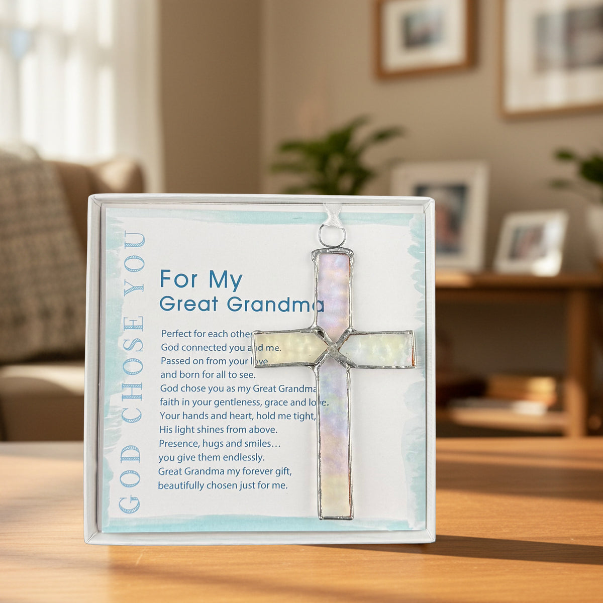 "God Chose You for My Great Grandma" gift on a table in a great grandmother's living room.