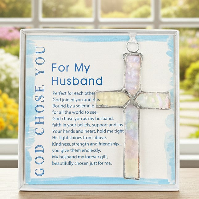Handmade 4 1/2" stained glass cross and "For My Husband" sentiment in white box with clear lid.