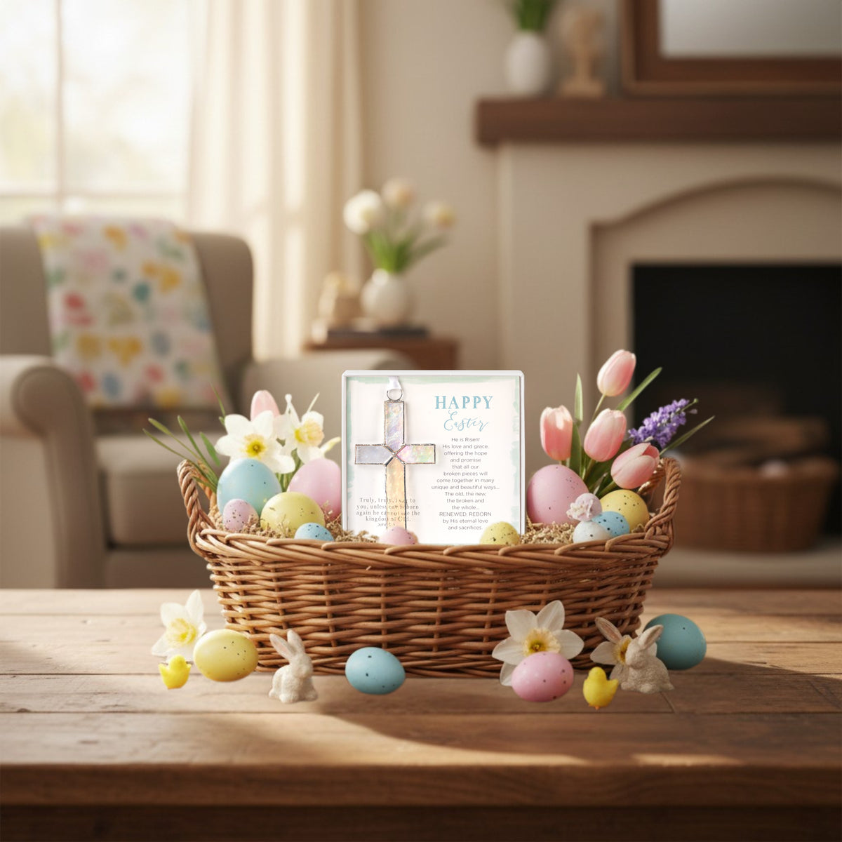 "Happy Easter" cross gift in an Easter basket.