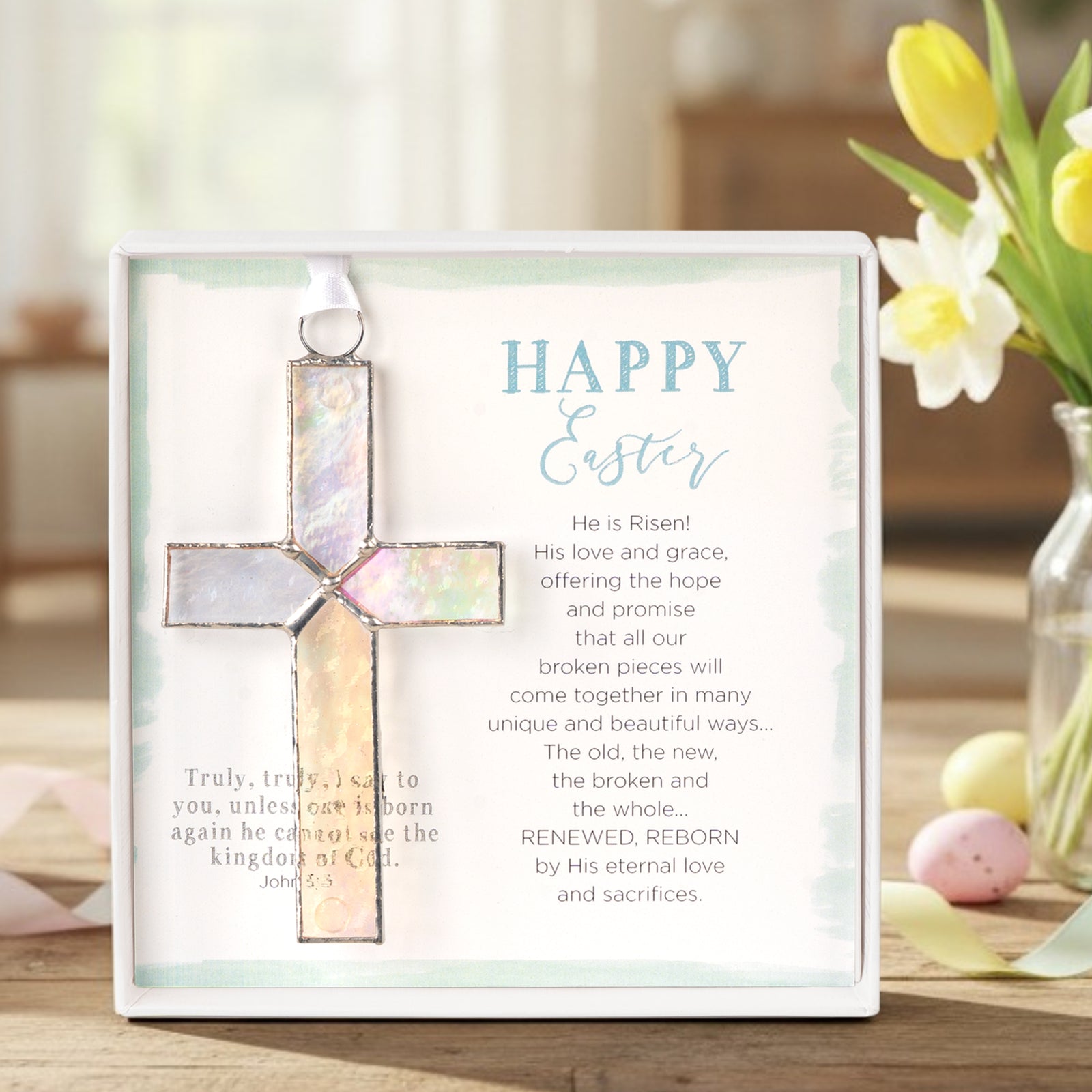 Handmade 4 1/4" clear stained glass cross and "Happy Easter" sentiment in white box with clear lid.