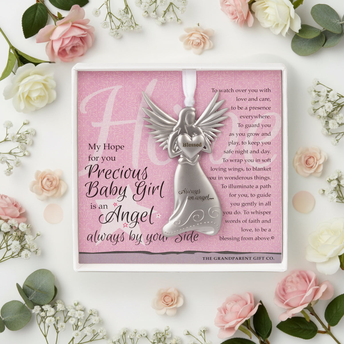 Blessed Angel with sentiment surrounded by flowers.