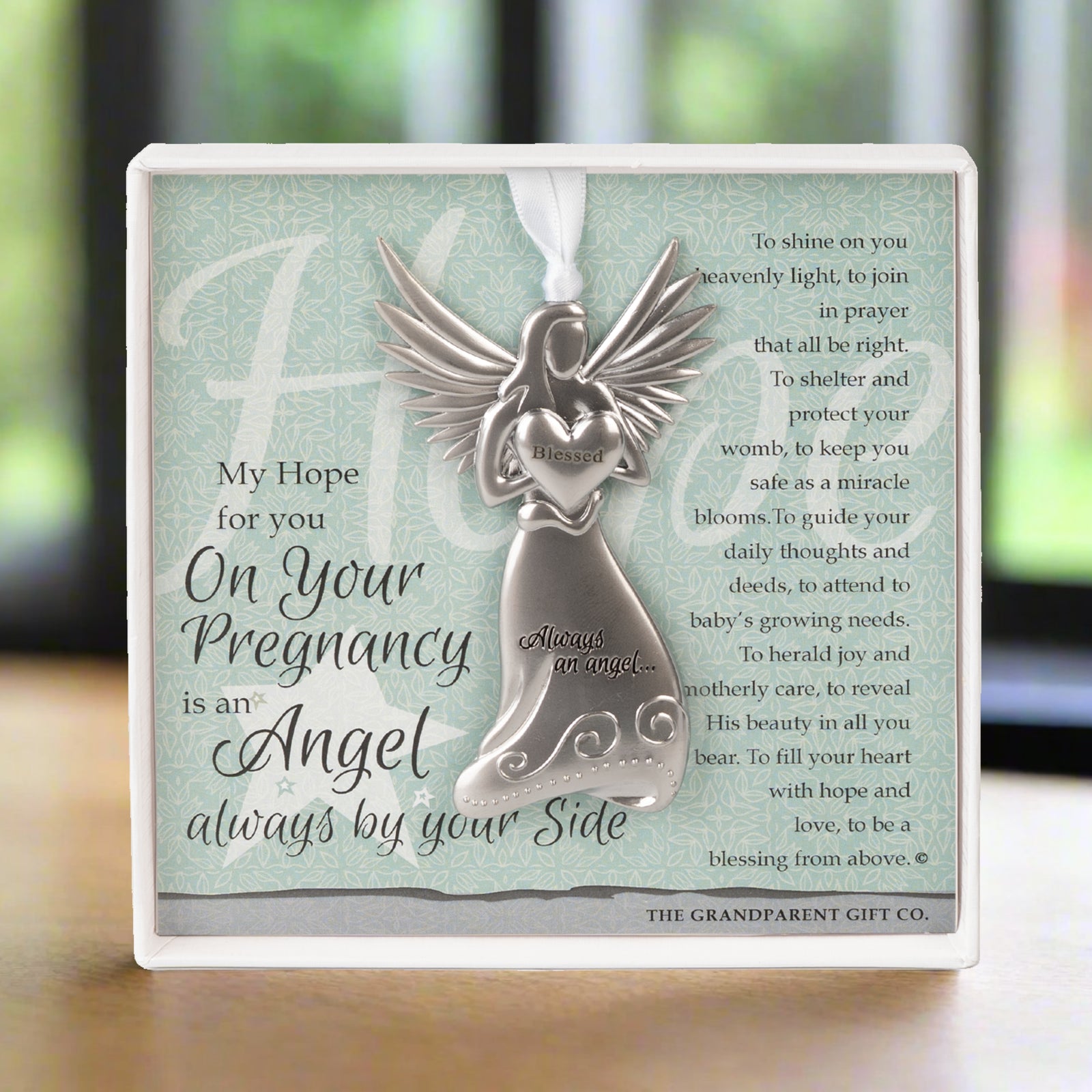 Pregnancy Gift- 4" metal blessed angel ornament with "On Your Pregnancy" poem in white box with clear lid.
