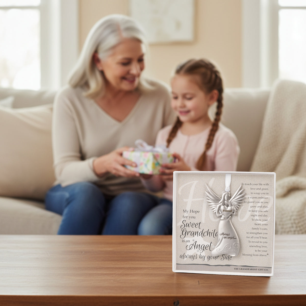 Grandma giving her granddaughter a gift.
