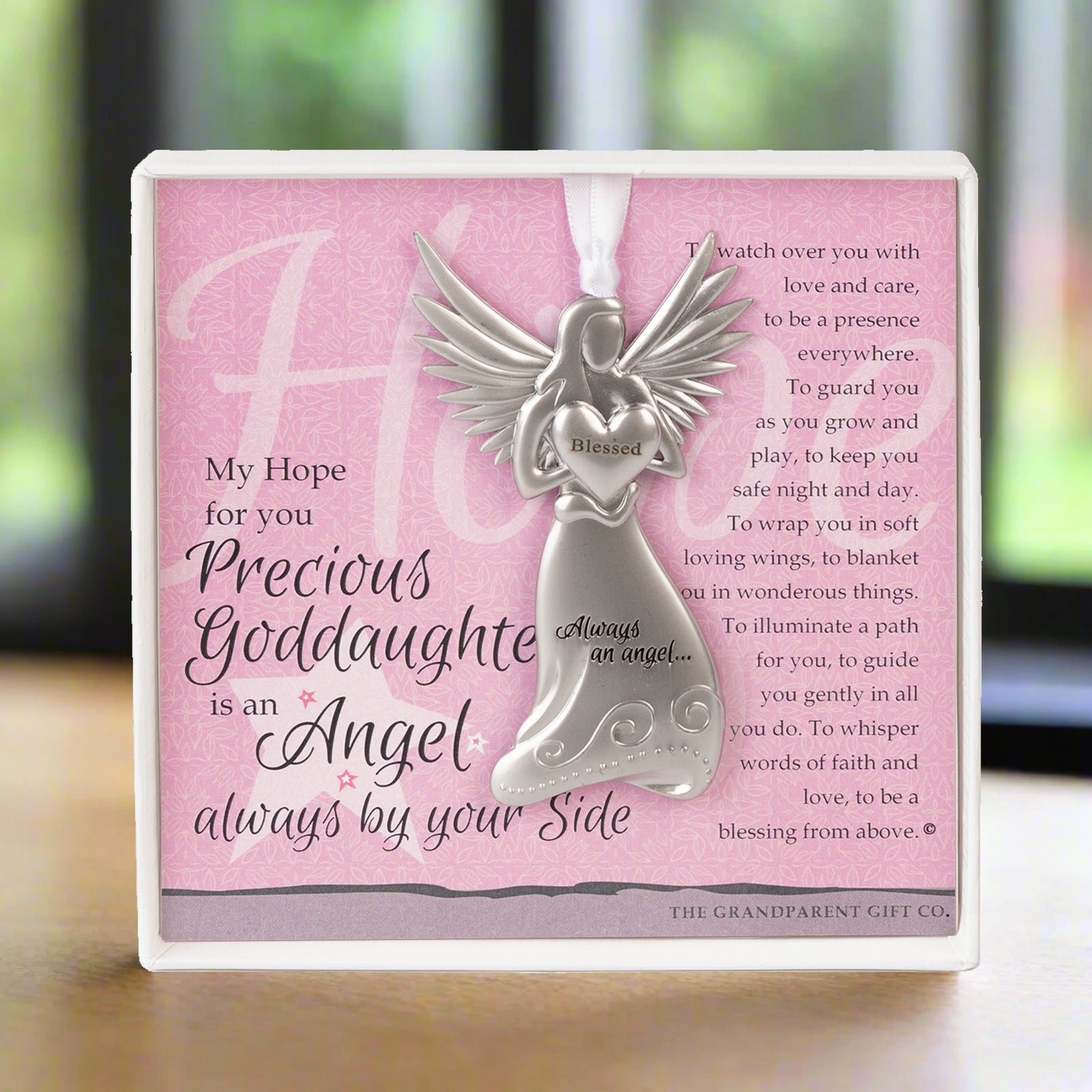 Goddaughter Gift - 4" metal blessed angel ornament with "Precious Goddaughter" poem in white box with clear lid.