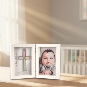 2 of 5:Dedication shadow box frame standing open on a table.