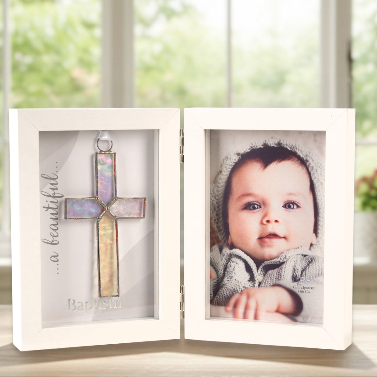 Baptism Gift - 4x6 double shadow box frame with handmade 4 1/4" clear iridescent stained-glass cross and "a beautiful Baptism" sentiment on one side and space for a 4x6 photo on the other.