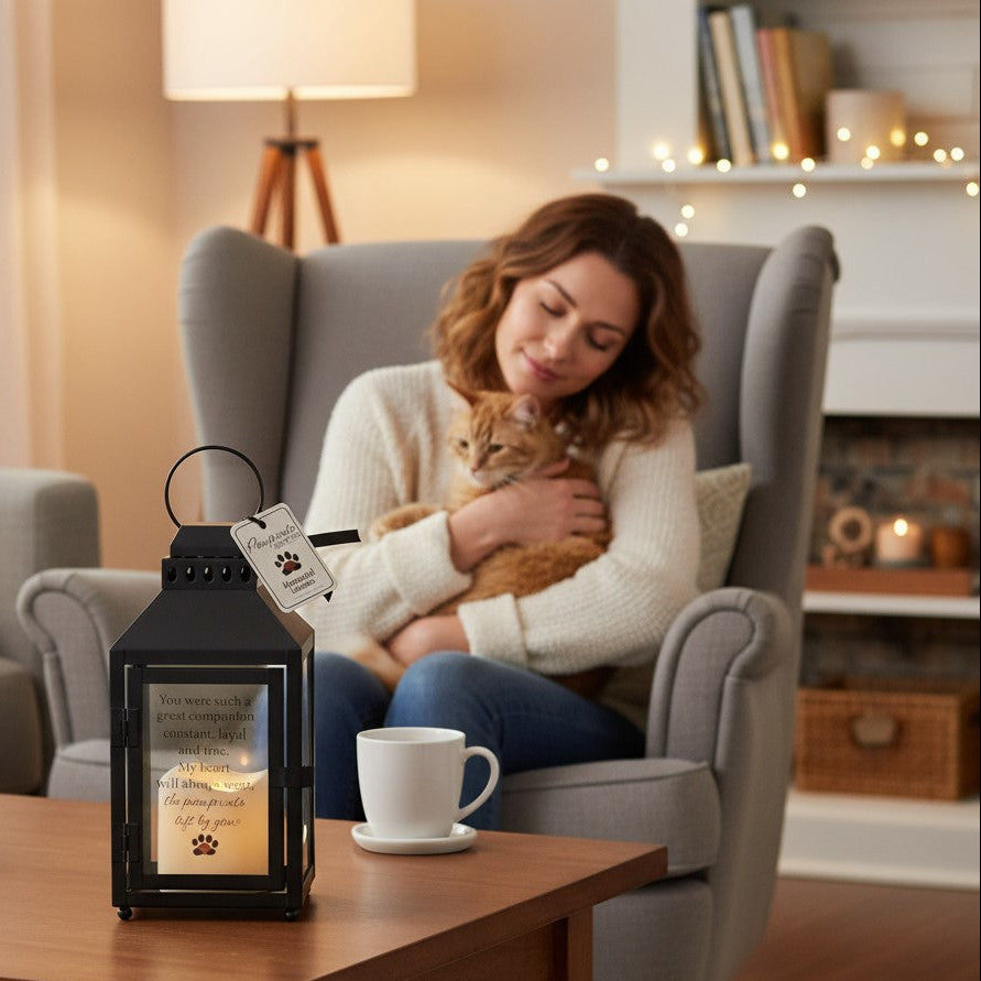Pawprints Left by You Lantern on a table in a living room with a woman snuggling her cat in the background.