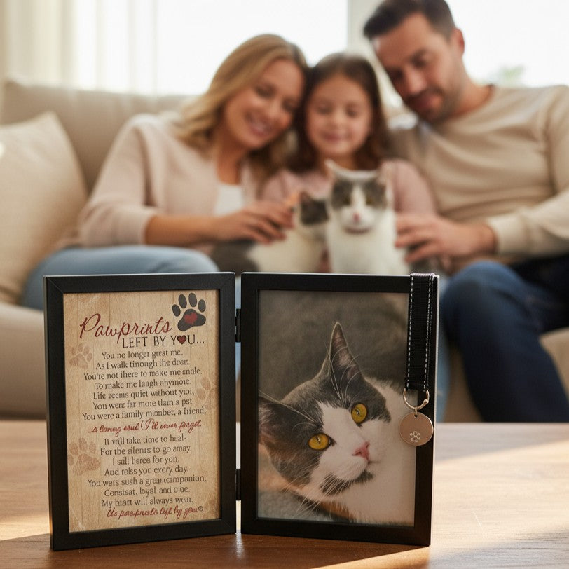 Family with a cat in the background, featuring a framed photo of a cat with  "Pawprints Left by You" sentiment.
