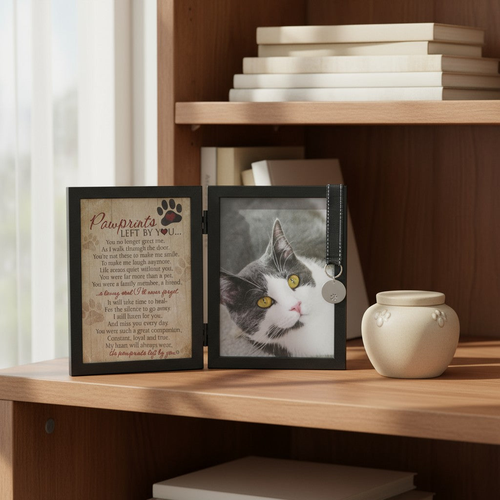 Pawprints Left by You frame on a bookshelf next to a cat's ashes in an urn.