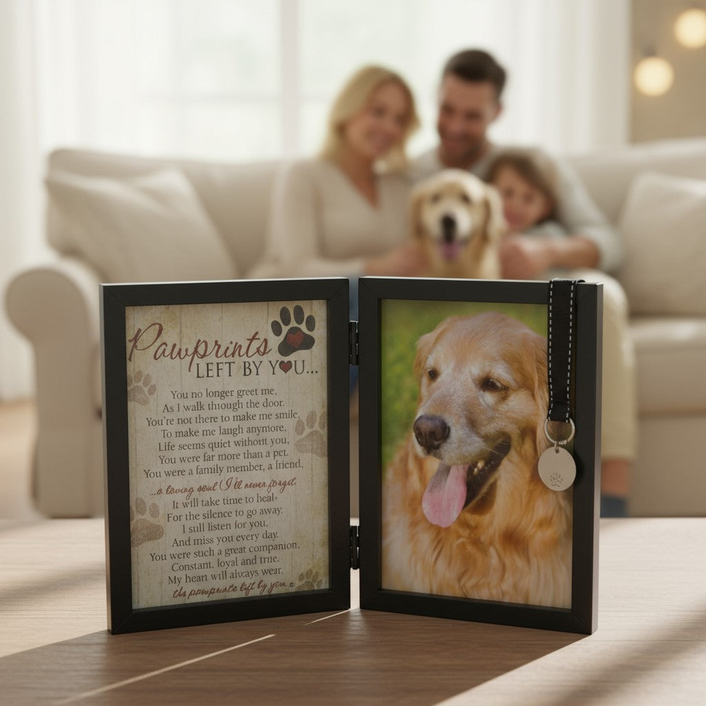 Pet memorial frame with a photo of a dog and a poem, placed on a table with a family in the background.