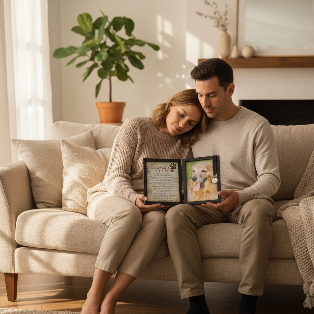 Couple sitting on a couch holding the pet loss frame in a cozy living room.