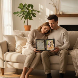 7 of 9:Couple sitting on a couch holding the pet loss frame in a cozy living room.