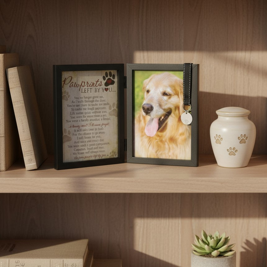 Pawprints Left by You pet memorial frame with photo of a dog and urn on a wooden shelf.