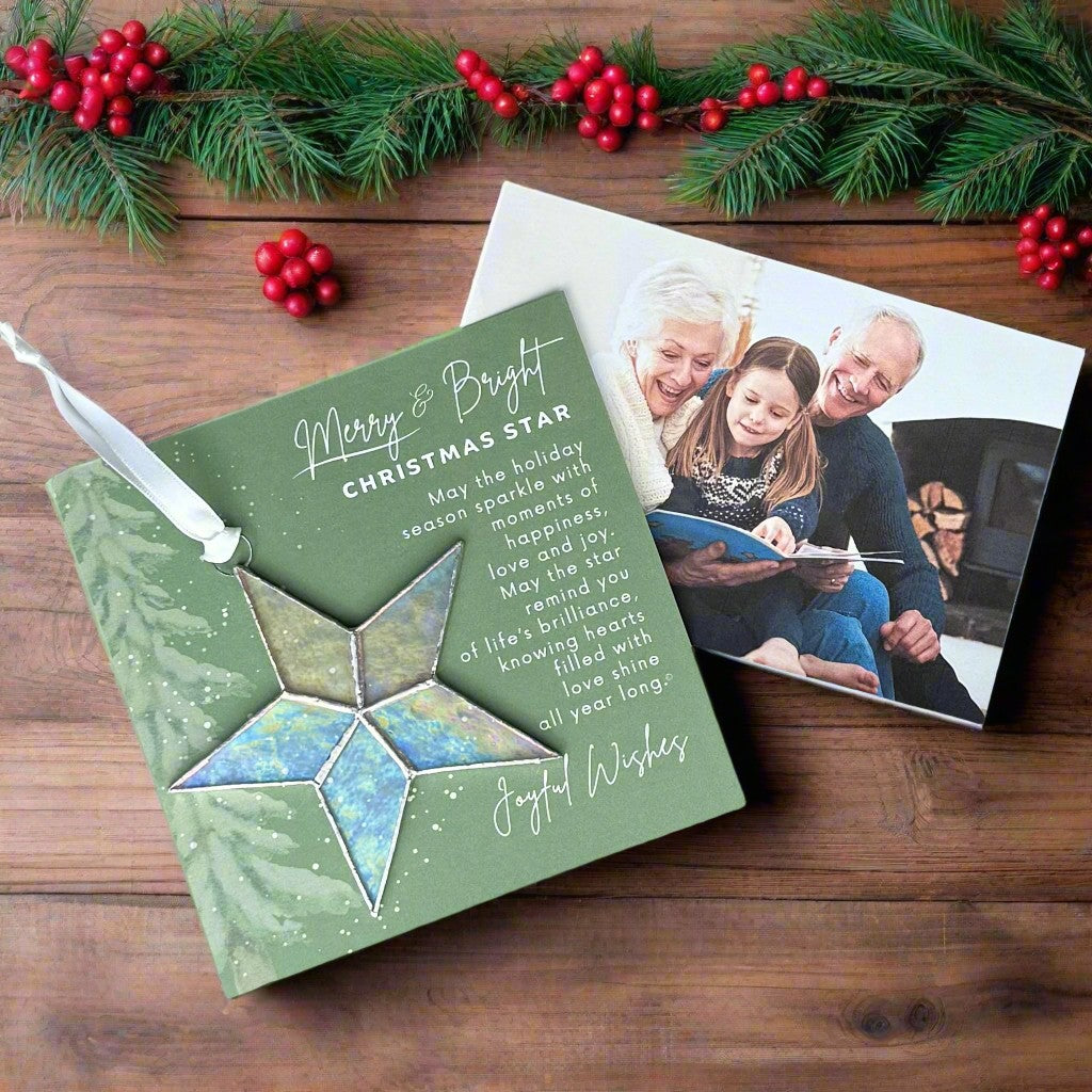 Merry and Bright Christmas Star on a table with a photo of Grandparents reading with their granddaughter.