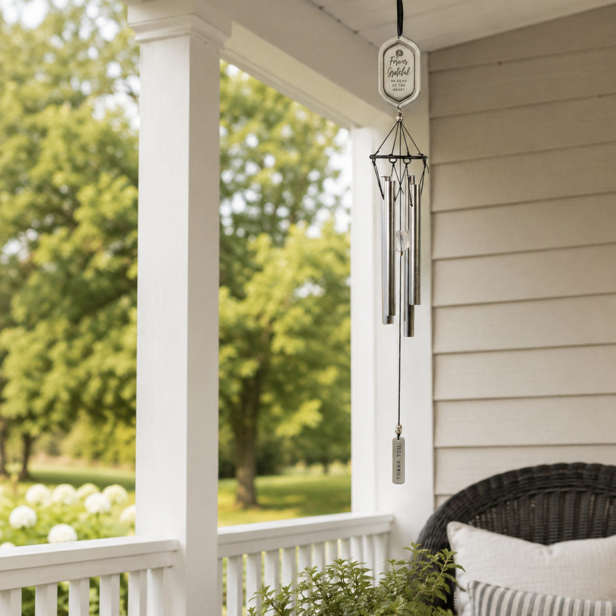 Forever Grateful Windchime hanging on porch.