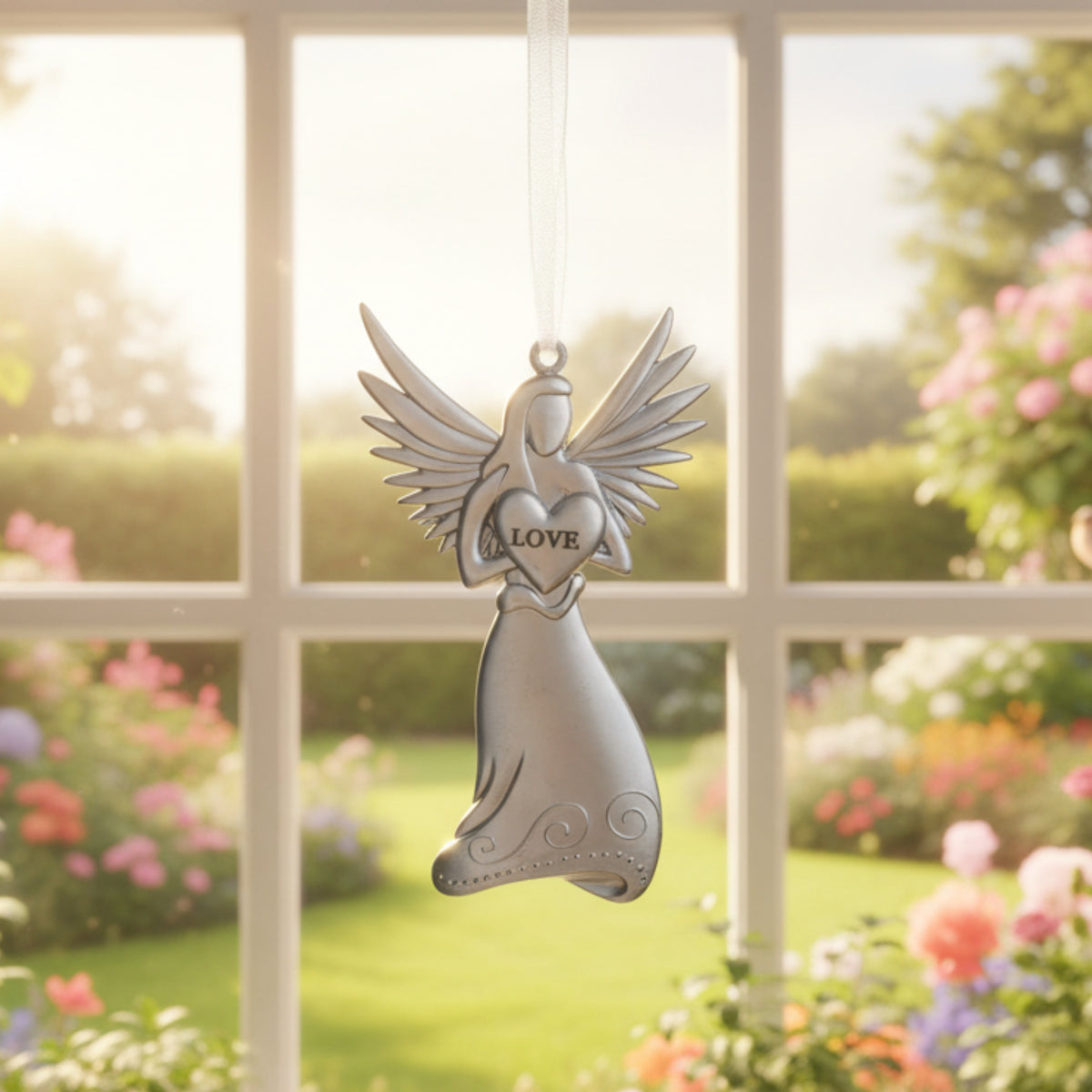 Silver toned metal angel hanging in front of a garden window.