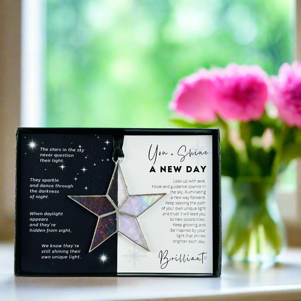 Handmade 4" clear iridescent stained glass star with silver edging, packaged with "You + Shine A New Day" sentiment in black gift box with clear lid.