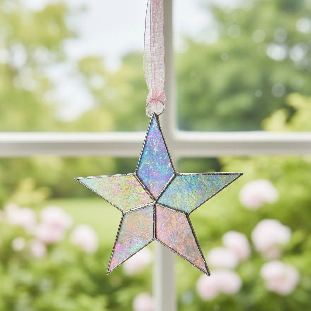 Clear iridescent star with silver trim hanging from a pink organza ribbon in a window.