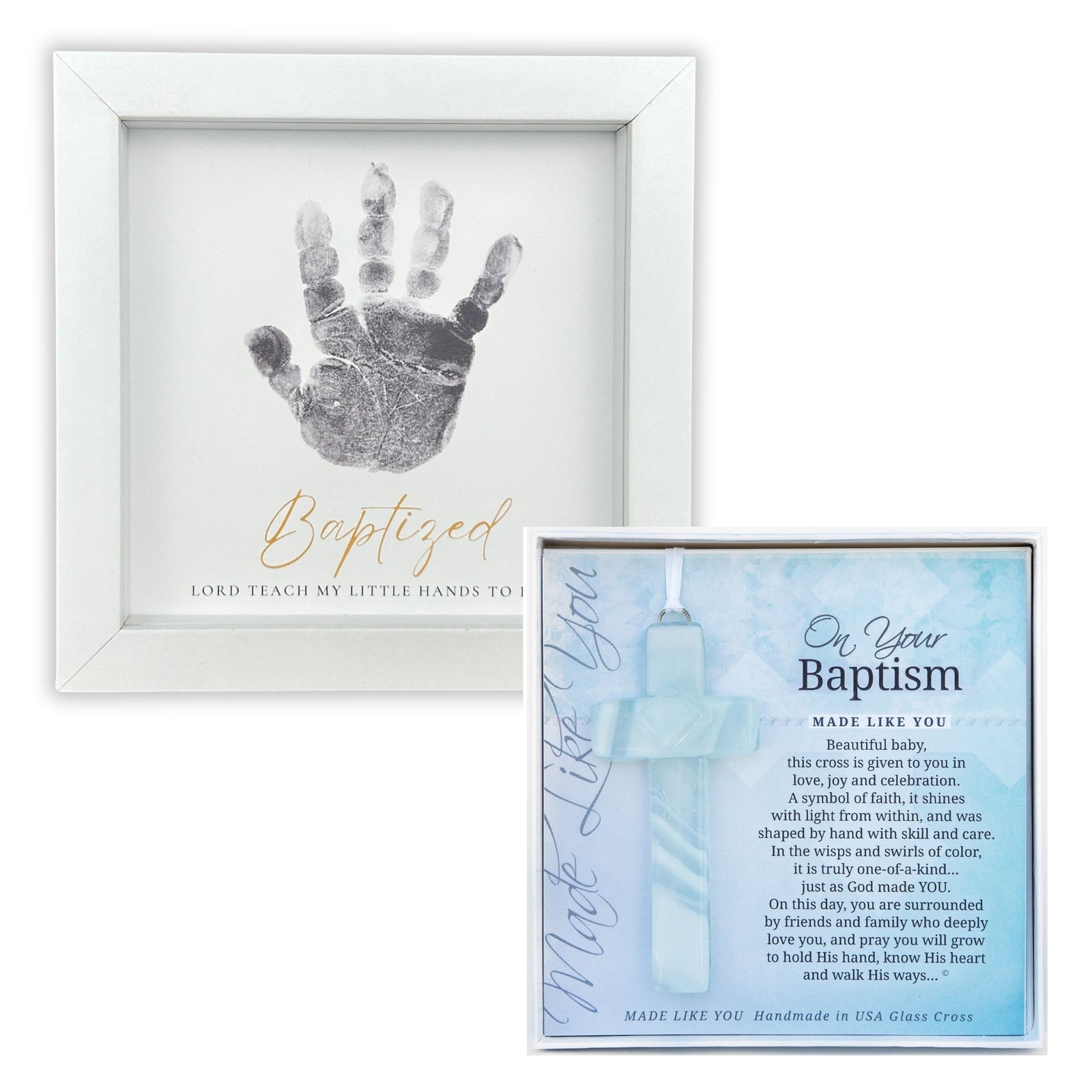 Baptism Gift Set with keepsake handprint frame and On Your Baptism cross and sentiment.