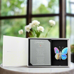 3 of 5:Celebration of Life butterfly in it's box with the lid behind it.