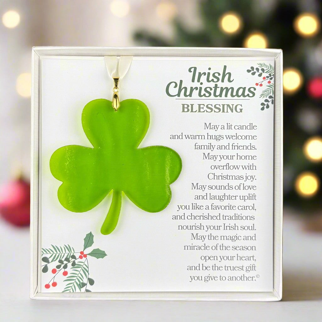 Handmade 3" green glass shamrock and "Irish Christmas Blessing" sentiment in white box with clear lid.
