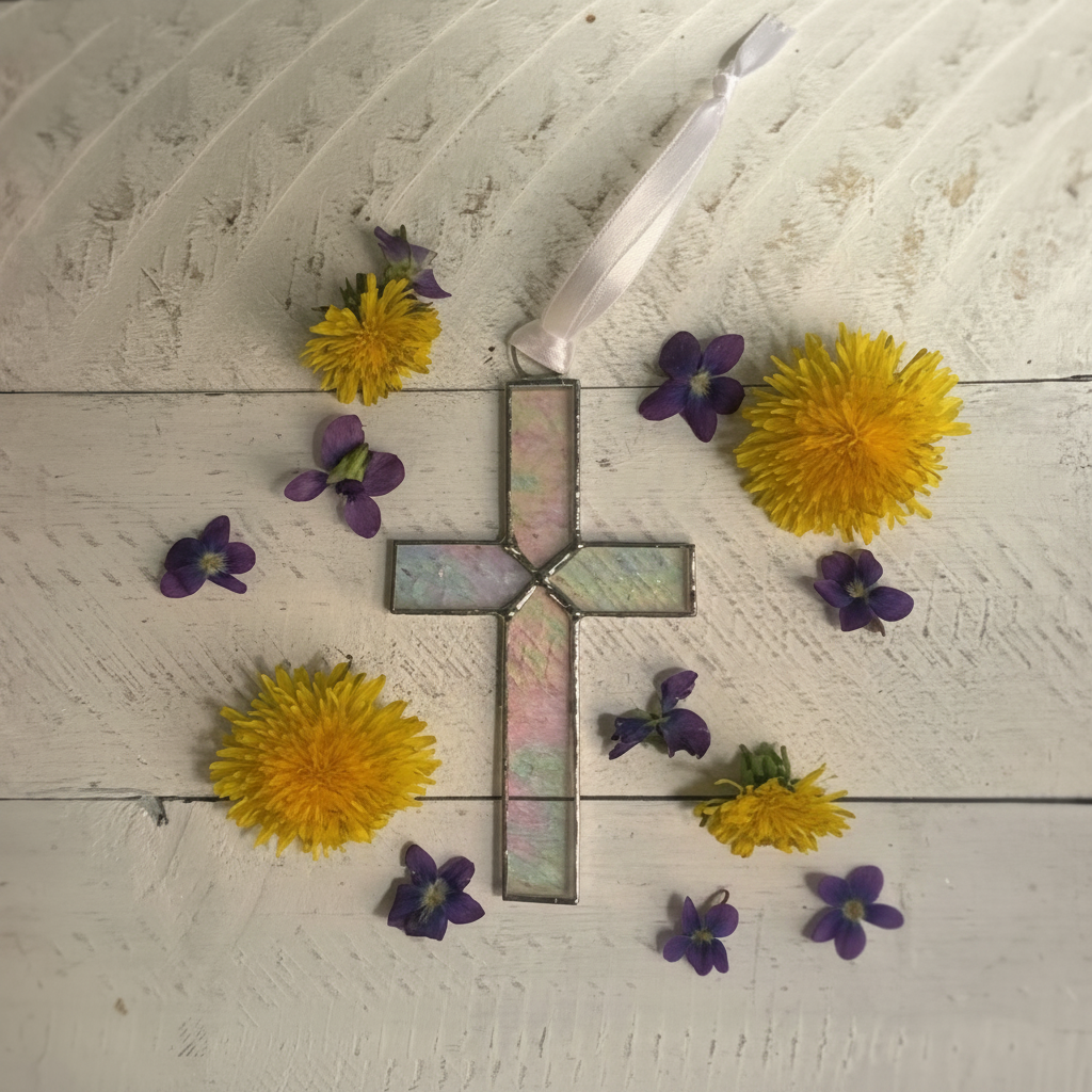Clear iridescent stained glass cross.