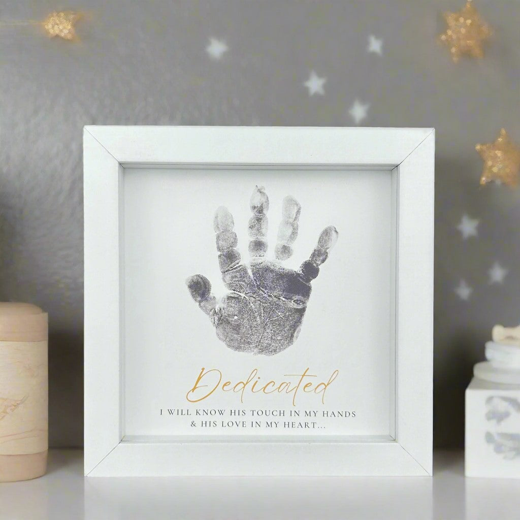 5x5 white frame with "Dedicated" Sentiment with space for a child's handprint.