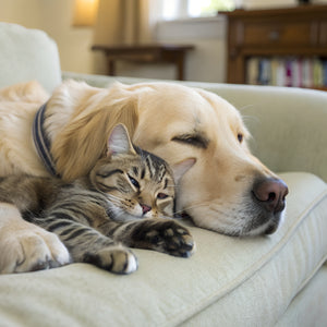 6 of 7:Dog and kitten sleeping together on a couch in a cozy living room.