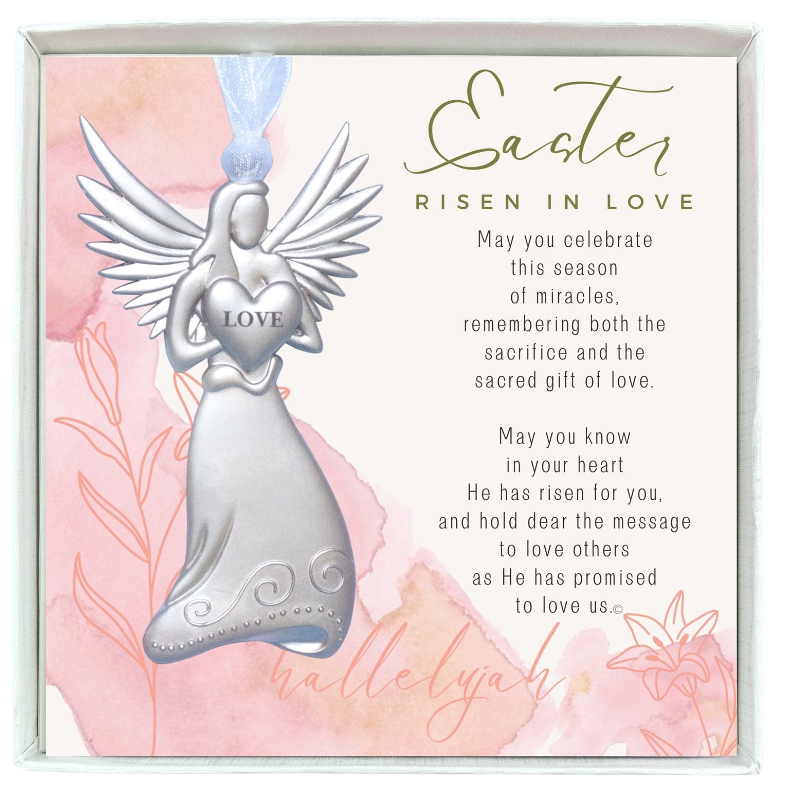 Easter Angel Gift - 4" metal love angel ornament with "Easter Risen in Love" sentiment in white box with clear lid.