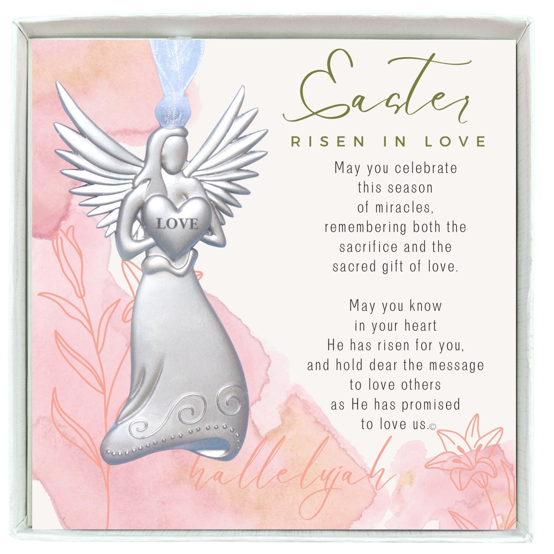Easter Angel Gift - 4" metal love angel ornament with "Easter Risen in Love" sentiment in white box with clear lid.