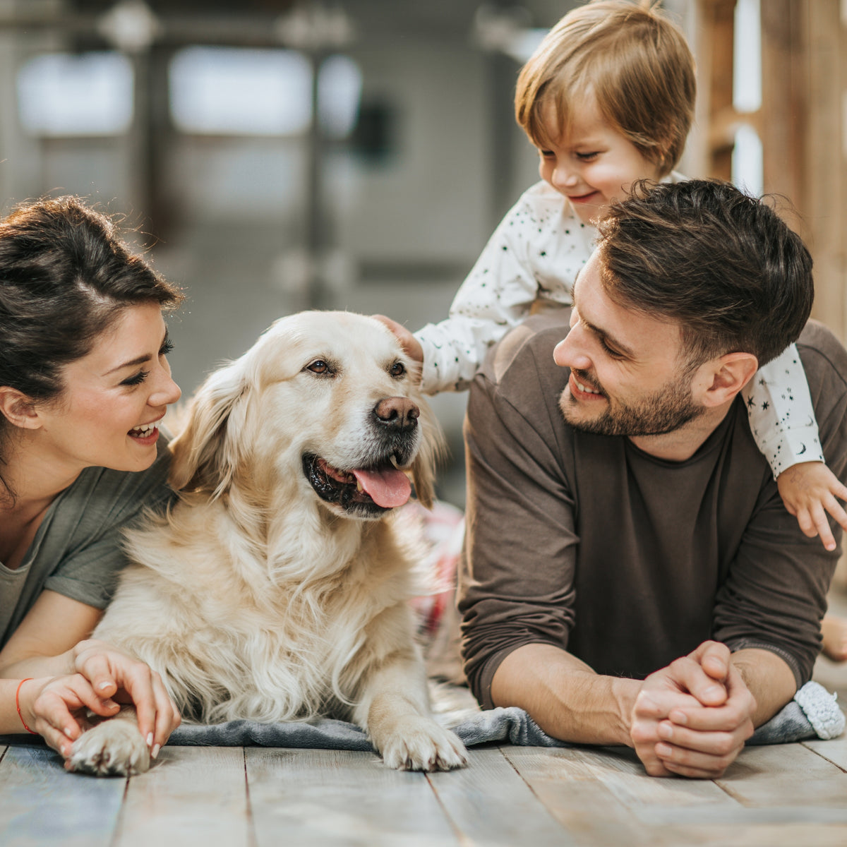 Family with a child and a dog sitting on a wooden floor.