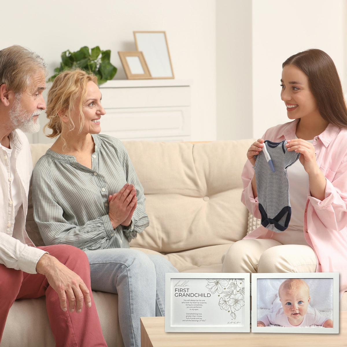 A soon to be mom announcing her pregnancy with the First Grandchild frame.