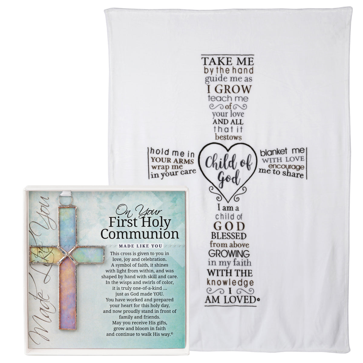 First Communion Gift Set with a Child of God blanket and On Your First Holy Communion glass cross.