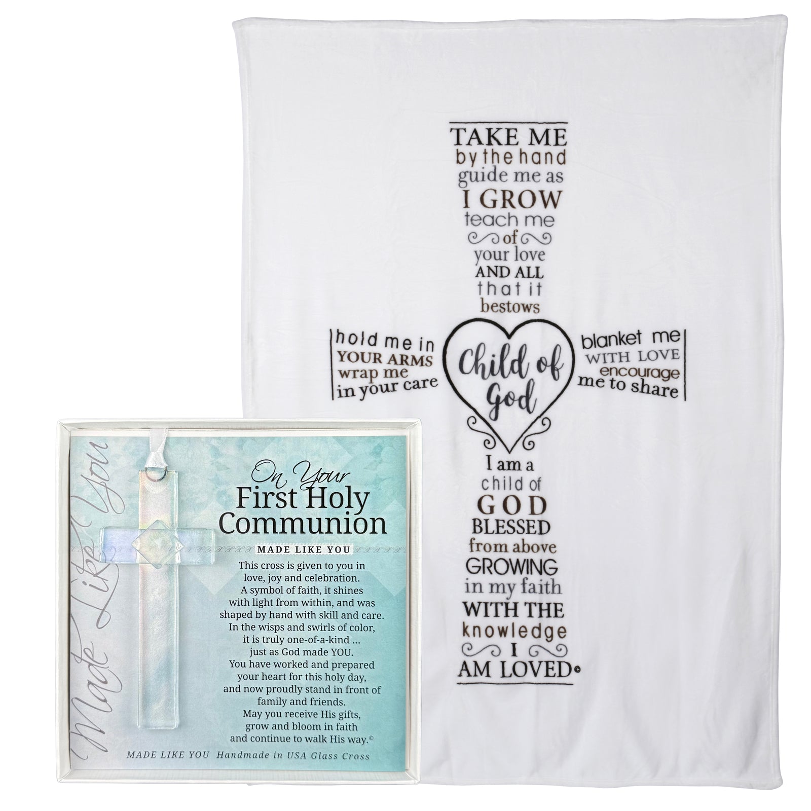 First Communion Gift Set with a Child of God blanket and On Your First Holy Communion glass cross.