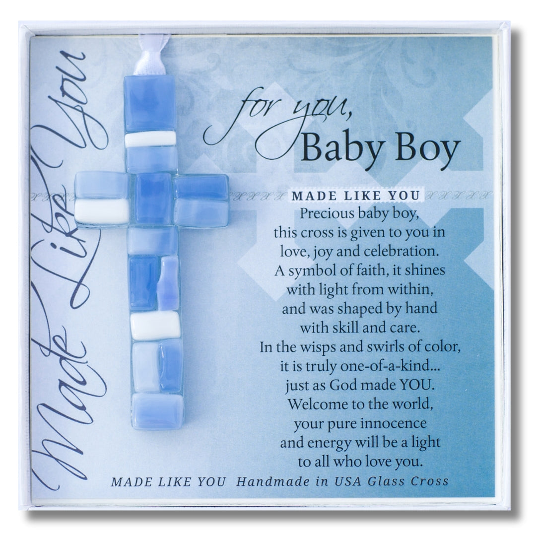 Baby Boy Gift - Handmade 4" blue mosaic glass cross and "For You, Baby Boy" sentiment in white box with clear lid.