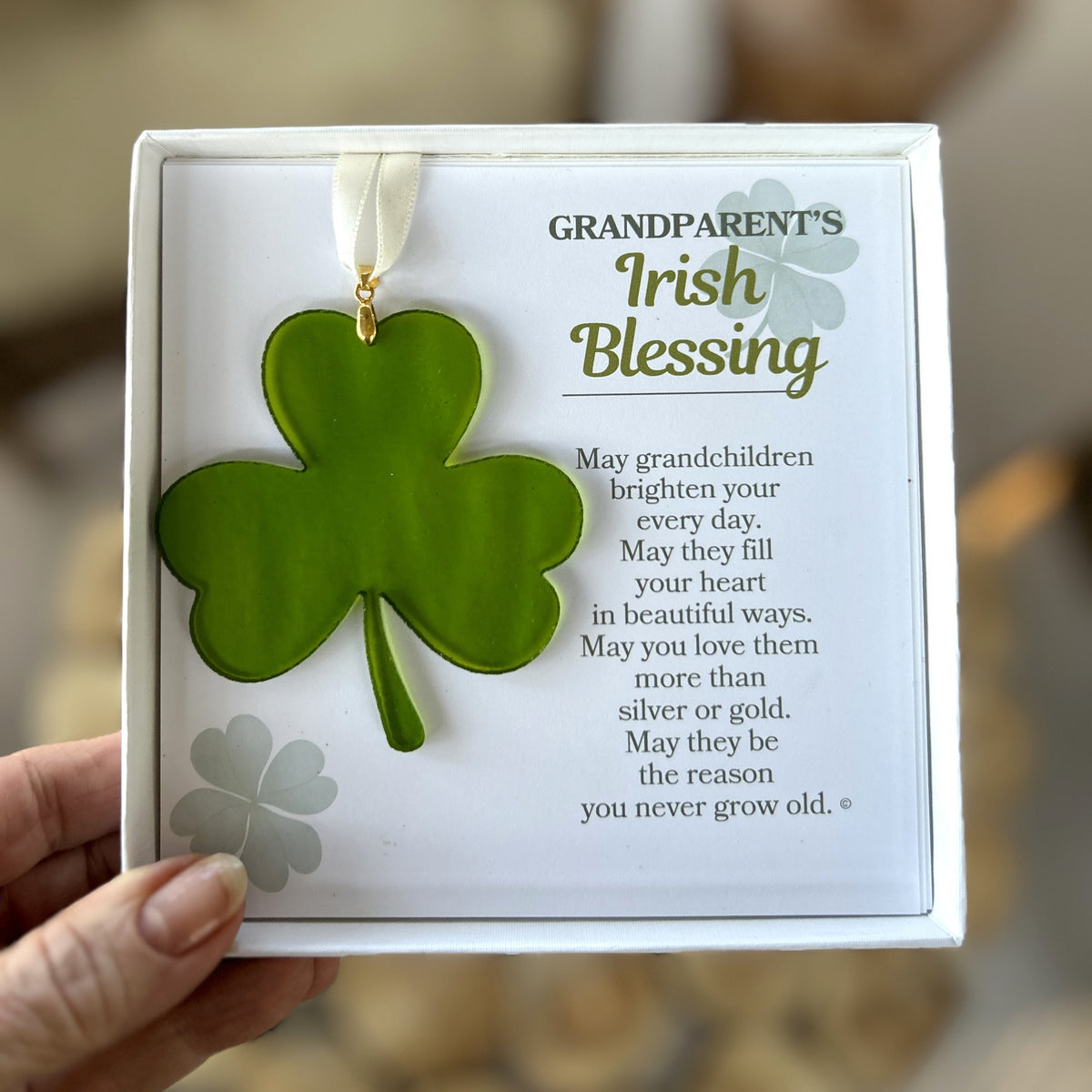 Grandparent&#39;s Irish Blessing gift being held in a hand.
