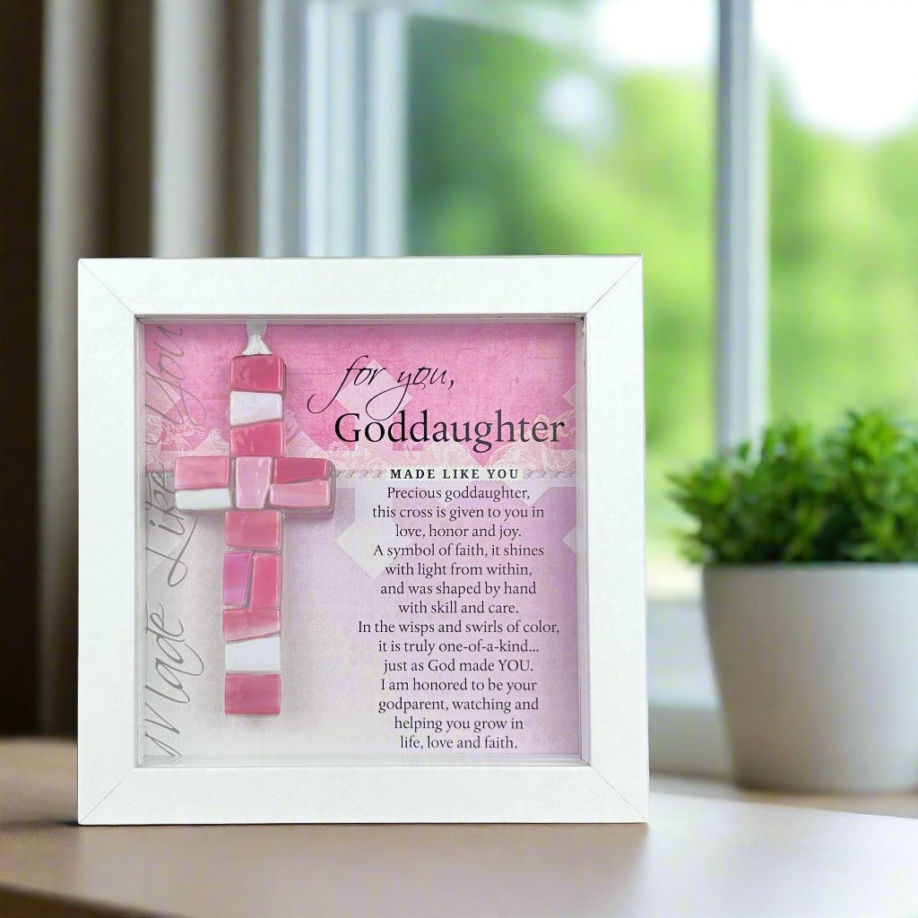 Goddaughter Gift - Framed Handmade 4" pink mosaic glass cross and "For You, Goddaughter" sentiment.