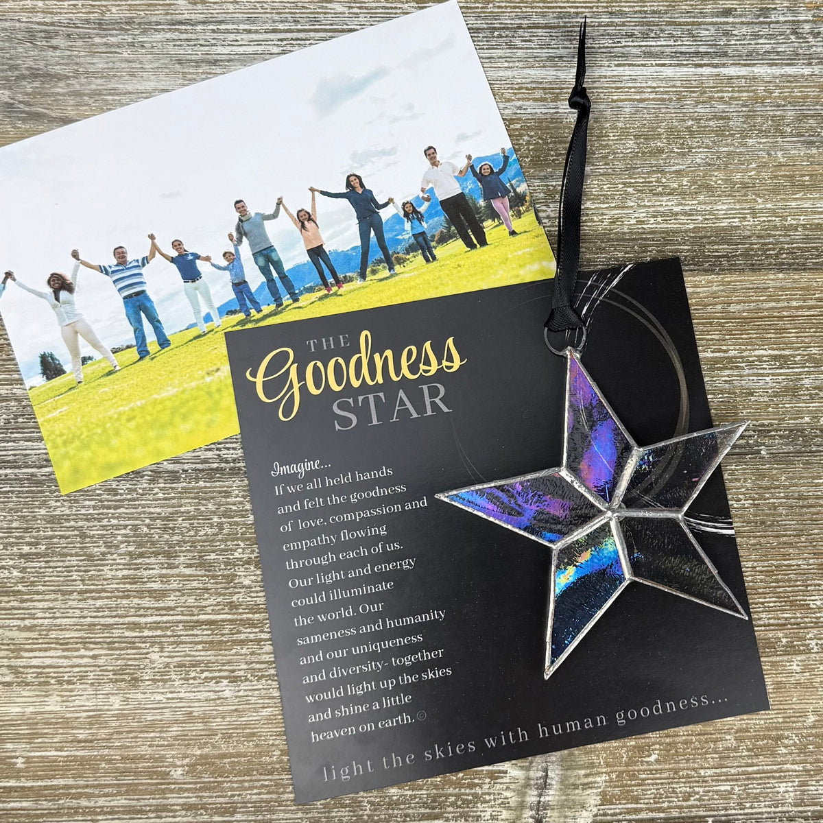 Goodness Star ornament and artwork with a photo featuring a group of people holding hands.